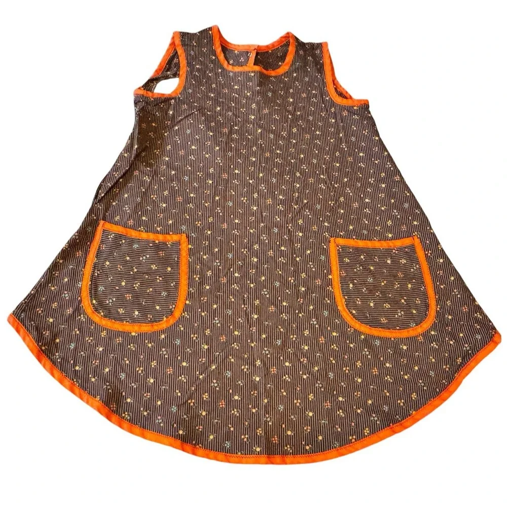 VTG West Cal.46 Full Bib Kitchen Apron Mod Brown Floral Cottagecore Granny 70s